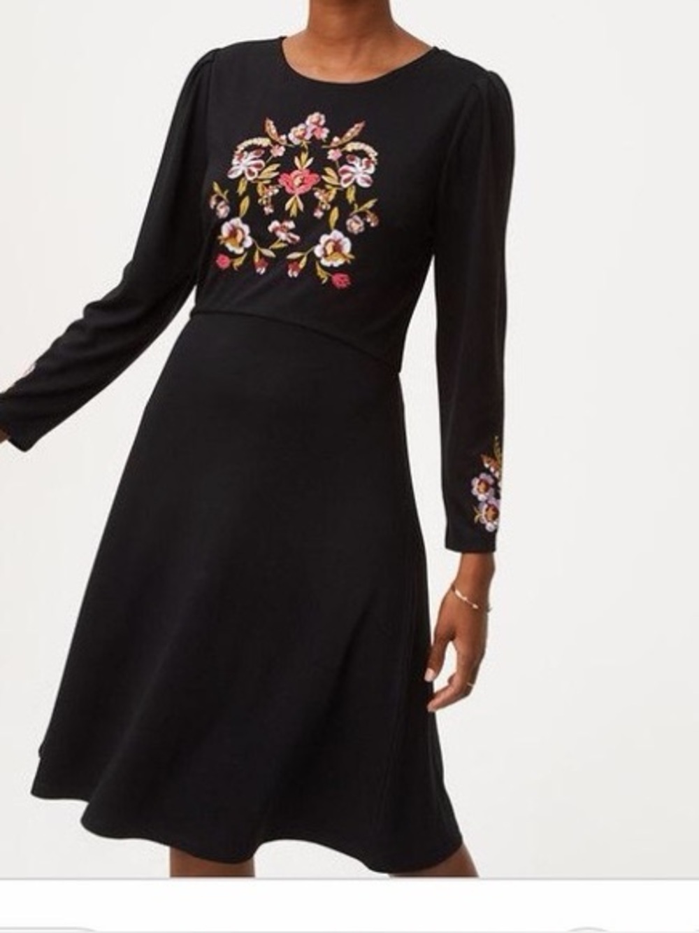 LOFT Black Long-Sleeve Dress with Pink & Cream Floral Embroidery